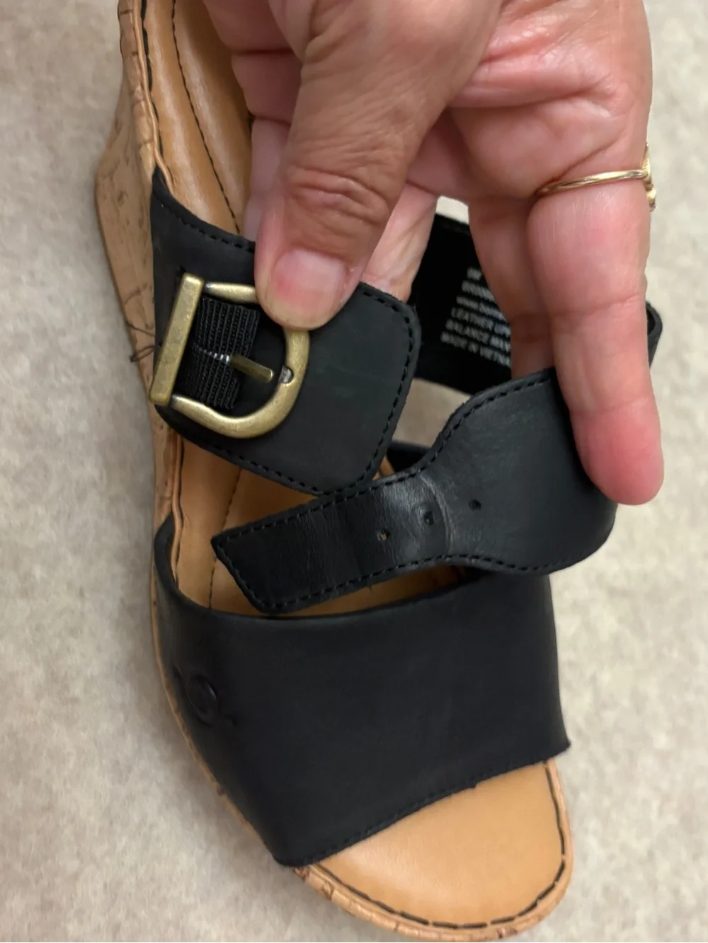 Born Black Leather Straps Slip On Cork Wedge Sandal Women’s size 9